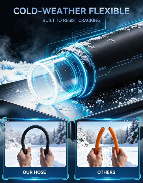 Cold-weather flexible fuel transfer pump hose showing resistance to cracking, designed for winter use in snowy conditions.