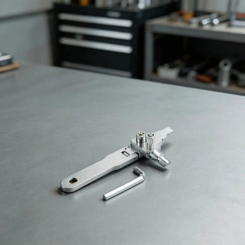 Heavy Duty Stainless Steel Broken Wire Extractor Kit To Yank Out Stripped Screws And Fix Damaged Taps At Home Plumbing Repairs With Adjustable Two Screw Design For Angle Valves Plus Silver Finish For Serious DIY Heroes on gray workbench