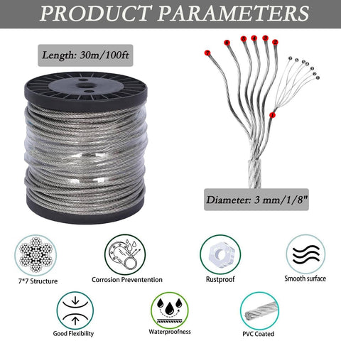 1/8 Inch Stainless Steel Wire Rope Kit with 100 Feet Vinyl Coated Cable and product features diagram