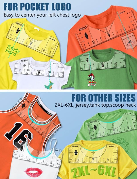 Tshirt Ruler Guide For Cricut Heat Press Game Changer Shirt Alignment Tool with multiple rulers on different shirts for vinyl placement