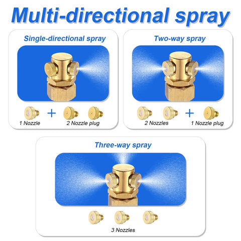 Multi-directional spray options for standing outdoor hose misting cooling system with portable water mister and brass nozzles.