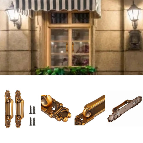 European Style Antique Metal Door Handle Set Of Two For Drawer Cupboard Wardrobe, zinc alloy with luxurious golden finish, shown with screws