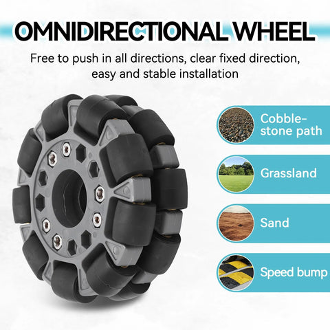 Front view of a 100mm double-plastic omnidirectional wheel with rubber tires for platform robotic kit