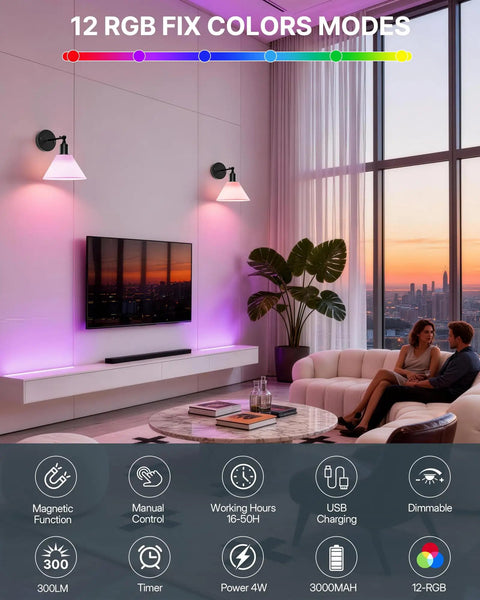 HOJOYRI Black Recharge Battery Operated Wall Sconces Set of Two with Remote illuminating a modern living room with warm lighting.