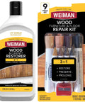 Heavy Duty Wood Repair Kit And Cabinet Cleaner Featuring Furniture Markers Straight Up Easy For Erasing Scratches And Built Up Grime On Tables And Desks While Dropping A Killer Finish That Looks Brand New Every Single Time. Includes bottles and markers.