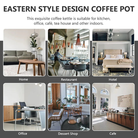 Eastern style design coffee pot usage in home, restaurant, hotel, office, dessert shop, and cafe settings.