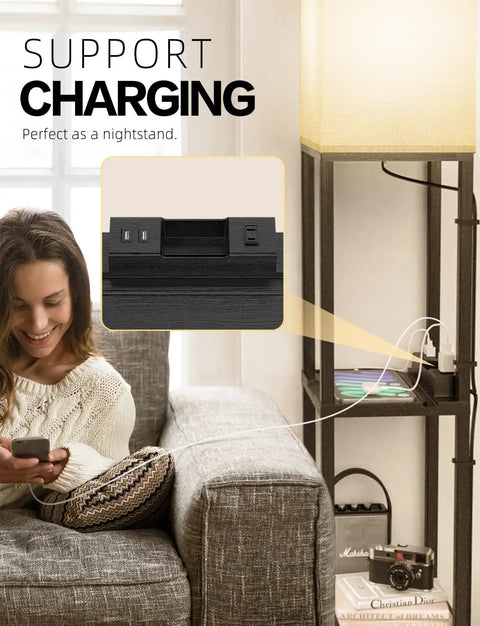 Three Tier Floor Lamp With Shelves For Living Room Black Finish With 11W LED Bulb And Dual USB Ports Plus A Power Outlet