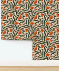 Top Shelf Botanical Chintz Matte Wallcovering With A Crisp Linen Texture Pvc Free Durable Coating Ideal For Any Home Hang Or Business Spot Like Kitchens Bathrooms Hallways Paste To Paper Install No Sweat with orange floral design on a light background.