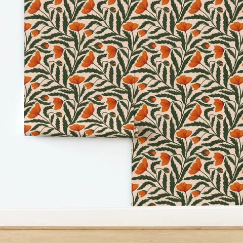 Top Shelf Botanical Chintz Matte Wallcovering With A Crisp Linen Texture Pvc Free Durable Coating Ideal For Any Home Hang Or Business Spot Like Kitchens Bathrooms Hallways Paste To Paper Install No Sweat with orange floral design on a light background.