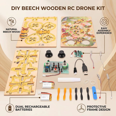 Wooden RC Drone Kit For Beginner Friendly Hobbyists with beechwood parts, assembly tools, and dual batteries displayed.