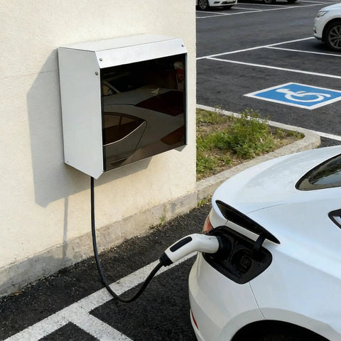 Universal EV Charger Cover With Wall Mount Hardshell Enclosure And Sloping Waterproof Canopy installed on wall, protecting charger.