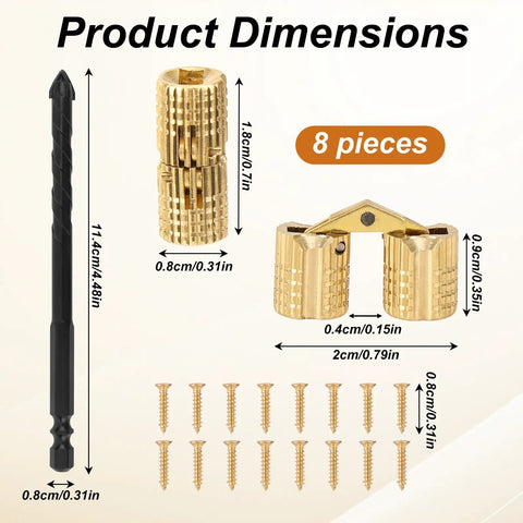 Top Shelf Eight Millimeter Hidden Brass Barrel Hinge Set With No Fuss Installation Drill Bit And Screws For Nailed It 180 Degree Furniture And Jewelry Box Diy Craft Projects dimensions and components