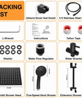 Matte Black High Flow Stainless Steel Shower System components packing list with 8 inch rainfall showerhead and accessories.
