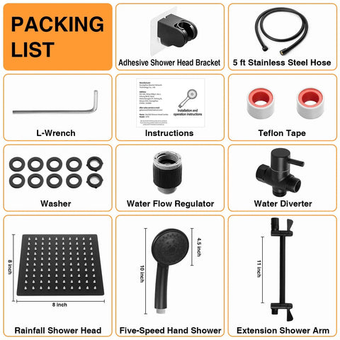 Matte Black High Flow Stainless Steel Shower System components packing list with 8 inch rainfall showerhead and accessories.
