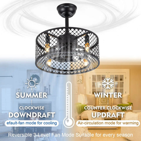Dope Caged Ceiling Fan With Lights Remote Control, Industrial Enclosed Blades, Reversible Motor, 3 Speeds, 18 Inch Black Fixture For Living Room, Bedroom, Kitchen Island, Dining Room