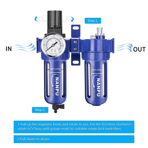 One Half Inch NPT Air Filter Regulator Lubricator Combo FRL With Zinc Alloy Body, 5 Micron Brass Element, Quick Release Bowl
