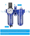One Quarter Inch NPT Air Filter Regulator Lubricator FRL Combo With Brass 5 Micron Element, 0 to 150 Psi Gauge displayed in blue unit