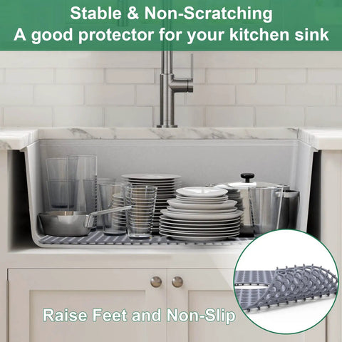 Silicone Sink Protector Mat For Kitchen Sink 28x15 Inches Heat Resistant No Slip Grid For Stainless Steel and Porcelain Sinks