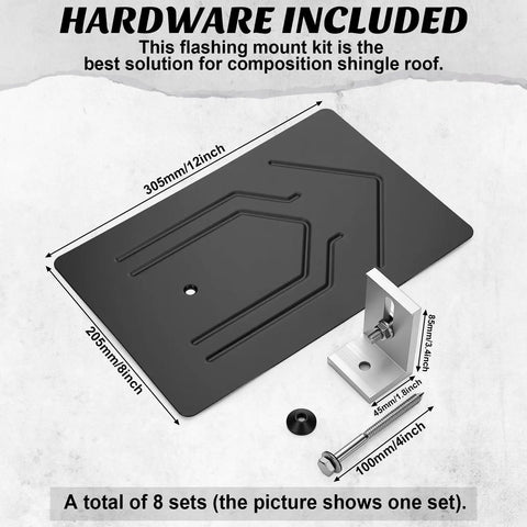 16 Pack Aluminum L Bracket Solar Racking Kit With Flashing For Roof Mounting On Asphalt Shingle And Composite Roofs, Waterproof With EPDM Gasket, Includes Bolts And Hardware, Fits Most PV Rails 12 Inch, showing hardware and dimensions