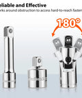 9 Piece Socket Accessory Set With 1/4 Inch, 3/8 Inch And 1/2 Inch Drive Universal Joints, chrome vanadium steel finish