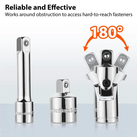 9 Piece Socket Accessory Set With 1/4 Inch, 3/8 Inch And 1/2 Inch Drive Universal Joints, chrome vanadium steel finish
