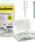 Heavy Duty Self Drilling Drywall Anchors And Screws Kit With Reusable Storage Case Includes 50 Drywall Anchors And 50 Number 8 One And One Quarter Inch Screws For Quick No Pre Drill Install In Drywall Perfect For DIY Projects By Qualihome, showing kit contents and storage case.
