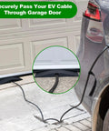 Heavy Duty EV Charger Cable Protector For Garage Door Pass Through with Tesla Model EV charging in residential garage setup.