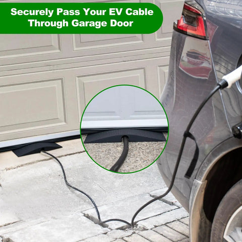 Heavy Duty EV Charger Cable Protector For Garage Door Pass Through with Tesla Model EV charging in residential garage setup.