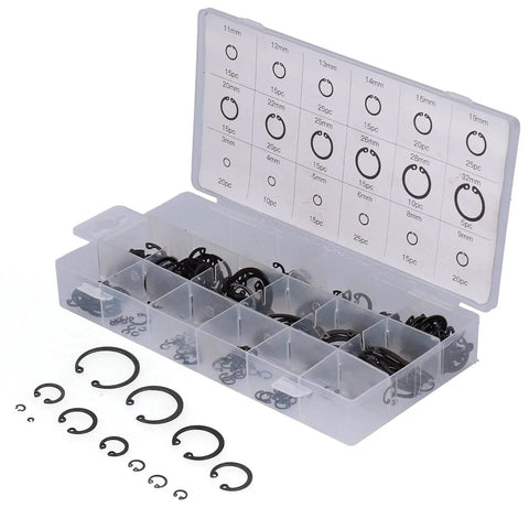 Snap Ring Assortment Kit 300Pcs High Temperature Retaining Rings Alloy Steel For Automotive Shop And Home Use Must Have DIY Ready Heavy Duty Heat Treated Fasteners For Precision Fits, clear box with labeled sizes