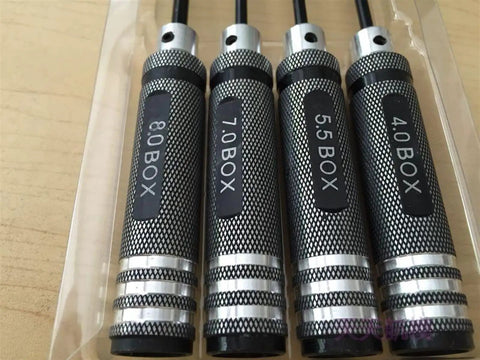 All In One Hex Socket Screwdriver Set For Model Aircraft Maintenance And Debugging Including 4.0 Mm 5.5 Mm 7.0 Mm And 8.0 Mm Hex Bits Built From Steel And Aluminum Alloy One Color featuring bits 4.0 to 8.0 mm in a row