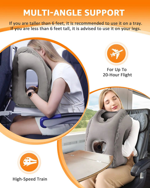 Woman using Inflatable Travel Neck Pillow With Eye Mask And Ear Plugs, Super Comfy Multi Function Napping Support, on plane and train
