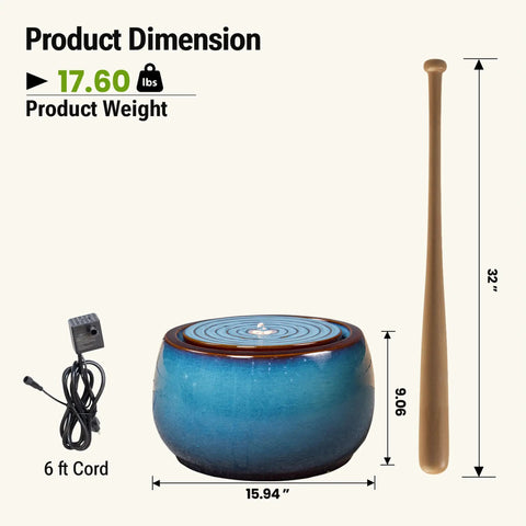 9 Inch Outdoor Ceramic Water Fountain With LED Light Round Bubbler Water Feature, blue, 15.94 x 15.94 x 9.06 in, shown with cord