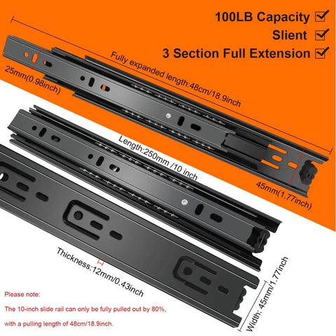 Premium 10 Inch Full Extension Drawer Slides Black Side Mount Cabinet Rails Heavy Duty 100 Lb Capacity 3 section tracks