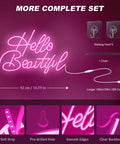 Hello Beautiful Pink Neon Sign For Wall Decor LED Neon Light For Weddings Engagements Birthday Parties And Bedroom Gifts Soft Pink Glow Easy Mount Durable Tube Creates A Dope Vibe In Any Room with installation kit and size details