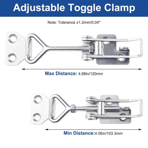 Heavy Duty Toggle Clamp Kit With 304 Stainless Steel Construction, Adjustable Locking Mechanism shown with max and min distances.