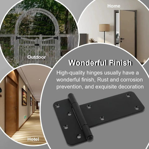 Genuine 5 Inch Matte Black Door Hinges 4 Pack Heavy Duty Gate Hardware, showcased with outdoor and indoor uses.