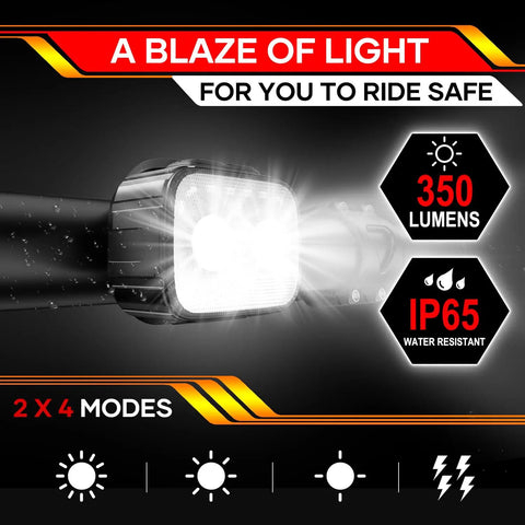 Front And Rear Bike Lights Set Rechargeable With Dual LEDs And 19 Flood LEDs 8 And 12 Mode Options IPX6 Waterproof displayed with specs