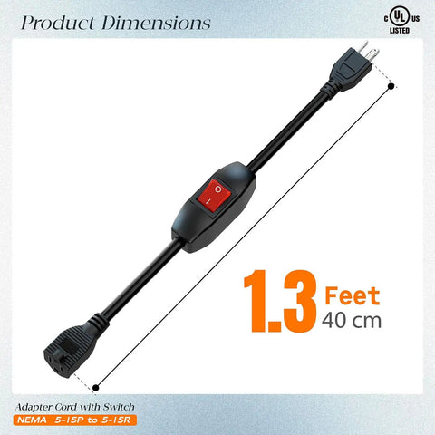 Inline On Off Switch Extension Cord Heavy Duty 3 Prong Power Cable 15A 125V UL CUL Listed 40 cm
