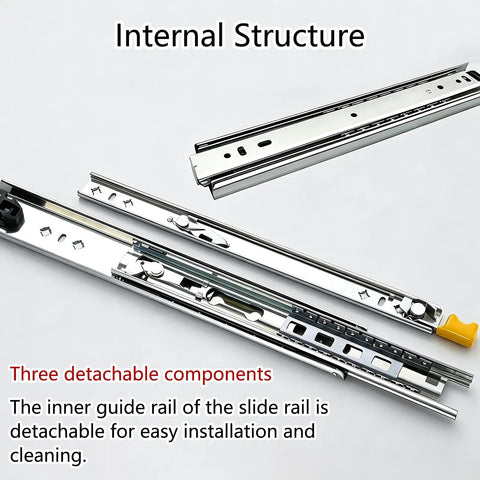 Internal structure of Full Extension Drawer Slides With Ball Bearings And Silky Smooth Glide Built Like A Tank For Heavy Duty Garage Storage Chests And 60 Inch Utility Drawers Featuring Cold Rolled Steel Side Mount Replacement Rails showing three detachable components.