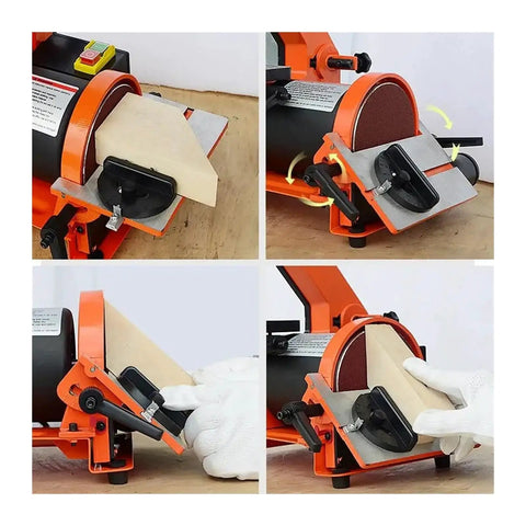 Compact Desktop Electric Grinder With Belt And Disc Sander For Woodworking in action, showing adjustable angles for precision sanding.