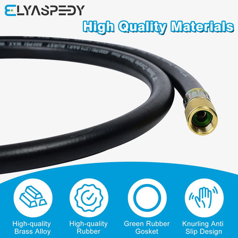 Close-up of 3/8-inch vacuum hose with brass 3/8x3/8 fitting, 5 ft, black, for refrigeration and AC equipment