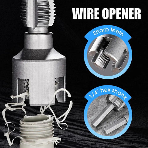 Heavy Duty Pipe Thread Cutter And PVC Threading Tool Kit For All Electric Drills Pro Grade Carbon Steel Dual Function Internal And External Threader For One Half Inch And Three Quarter Inch PVC Pipes Easy To Use At Home Or DIY Friendly Workshop showing sharp teeth and hex shank.