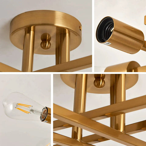 Close-up details of Modern Golden Metal Semi Flush Mount Ceiling Light Fixture Four Light Sputnik Style Chandelier components.