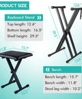 Double X Keyboard Stand And Piano Bench Set With Lockable Straps Height Adjustable From Low To High Rock Solid Steel Construction 7 Adjustable Heights Black with size dimensions.