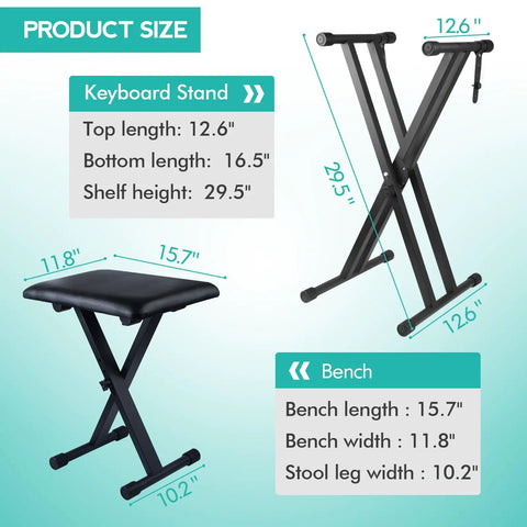 Double X Keyboard Stand And Piano Bench Set With Lockable Straps Height Adjustable From Low To High Rock Solid Steel Construction 7 Adjustable Heights Black with size dimensions.
