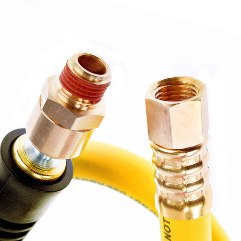 Close-up of solid brass fittings for Top Shelf Heavy Duty Air Compressor Hose 30 Feet Long 1/4 Inch Diameter 300 Psi Max.