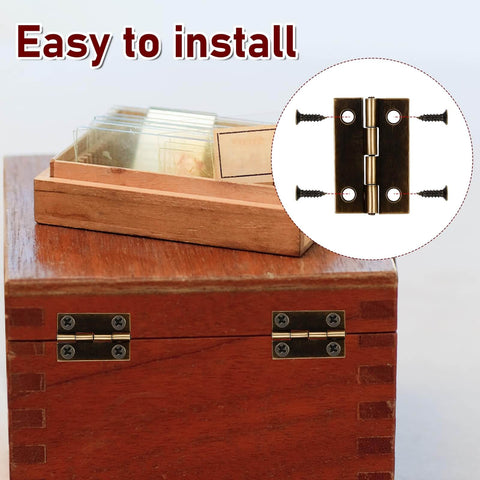 60 Pcs Mini Hinges Set For Crafts 0.7 Inch And 0.94 Inch Cabinet Drawer Hinges shown installed on wooden box with screws