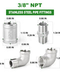 Front view: 3/8-in 304 stainless steel pipe fittings kit with 90-degree elbow, hex bushing, and coupling.