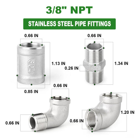 Front view: 3/8-in 304 stainless steel pipe fittings kit with 90-degree elbow, hex bushing, and coupling.