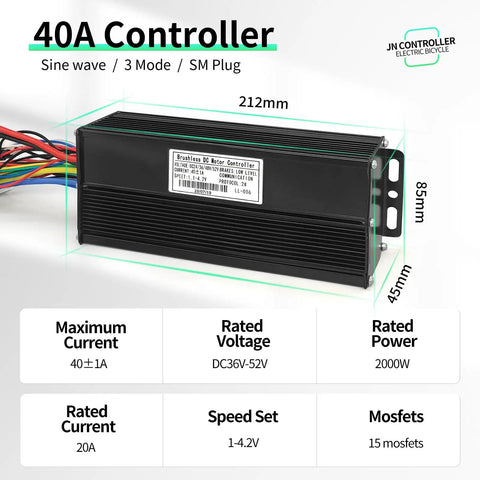 Knockout Electric Bike Brushless Controller 40 Amp Sine Wave with CS866 throttle, dimensions 212x85x45mm, rated 2000W.